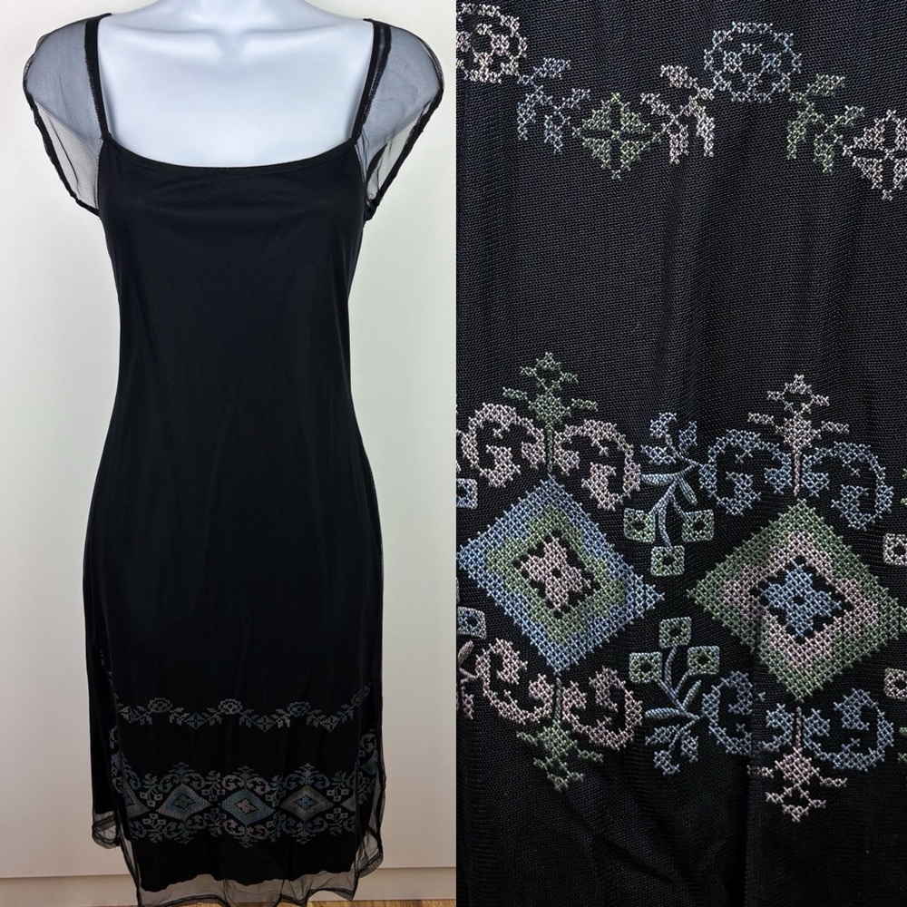Vintage Black Midi Dress with Colorful Embroidery